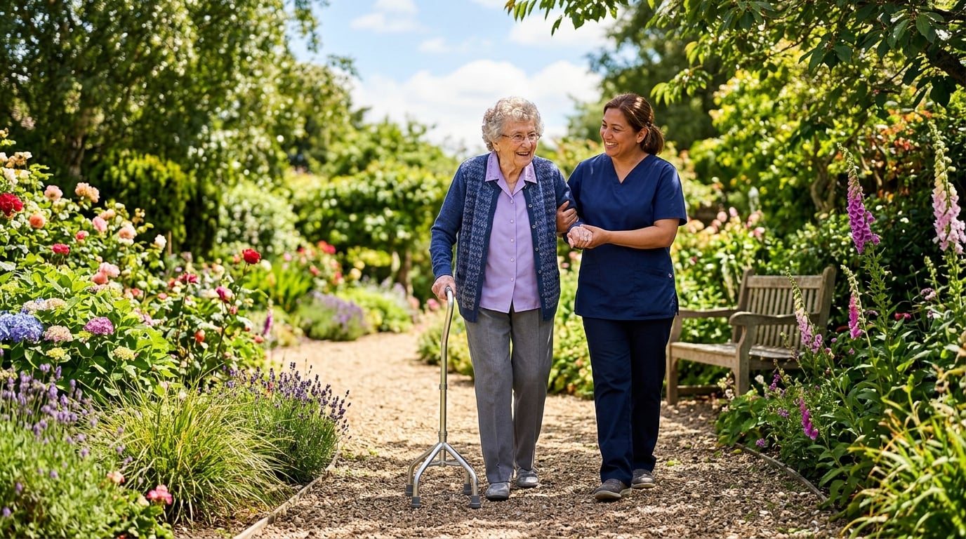 Caregiver helping an elderly person walk in a sunny garden