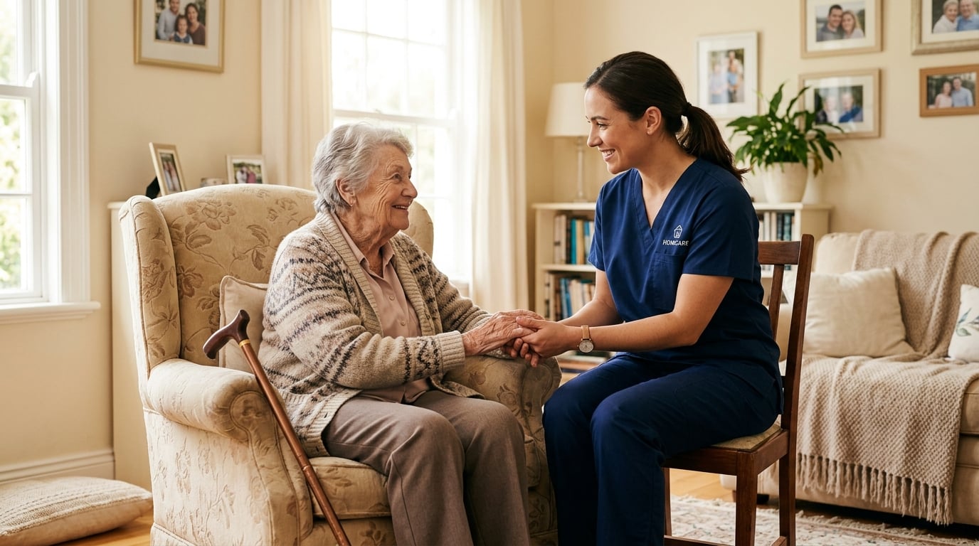 Caring nurse gently holding hands with an elderly woman in a bright, comfortable living room