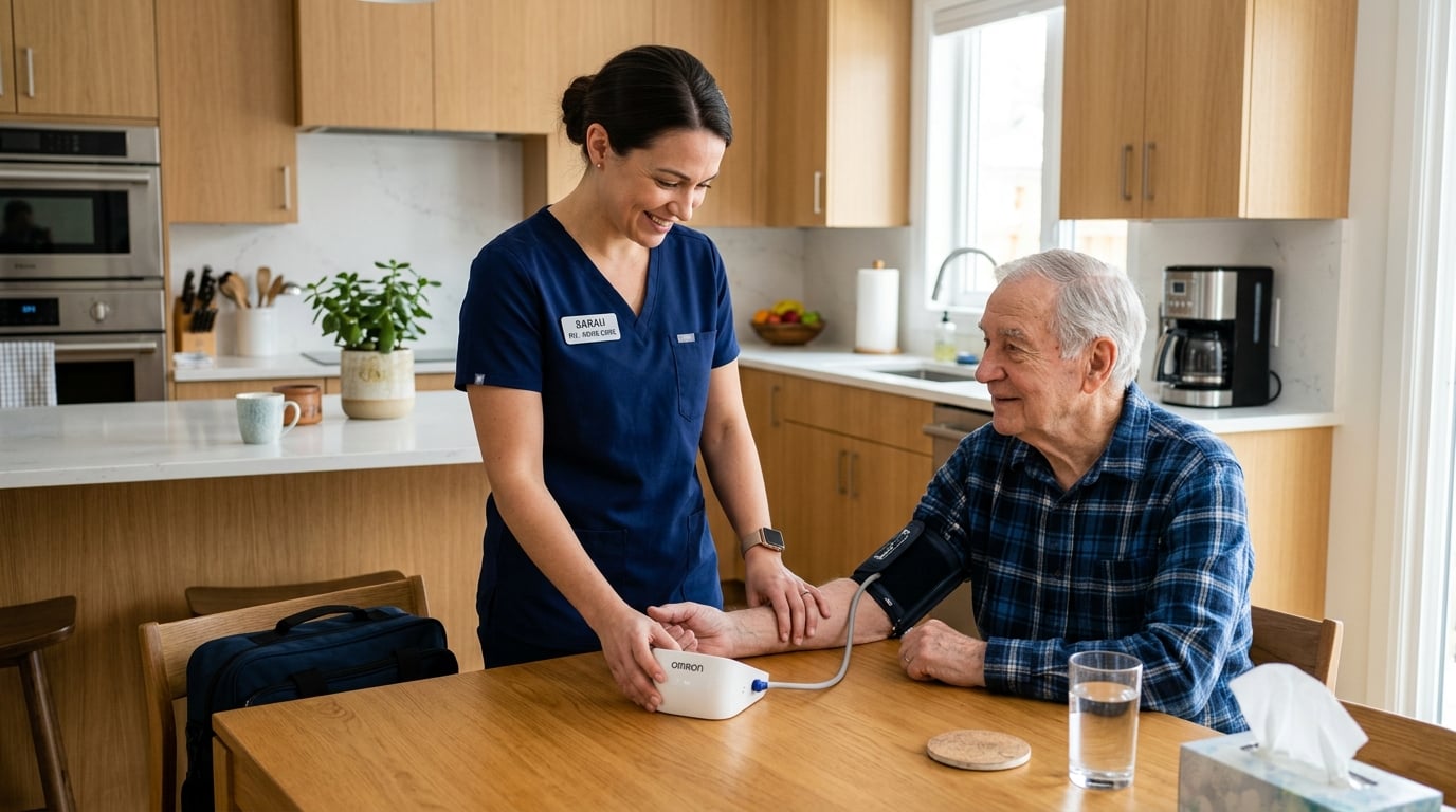 Professional healthcare worker providing attentive care to a patient in their home